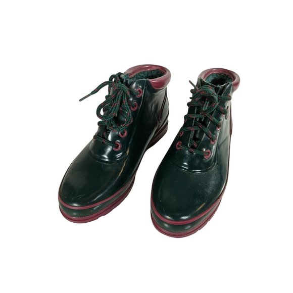 Vintage Sporto Thermolite Green & Mauve Lace Up Duck Rain Boots Women's Size 6 - Picture 3 of 9